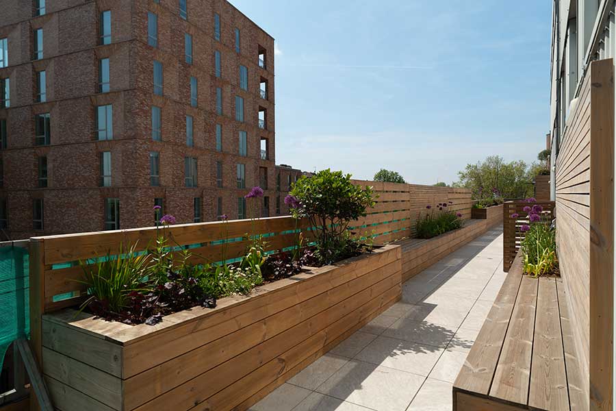 Terrace with hospital in background